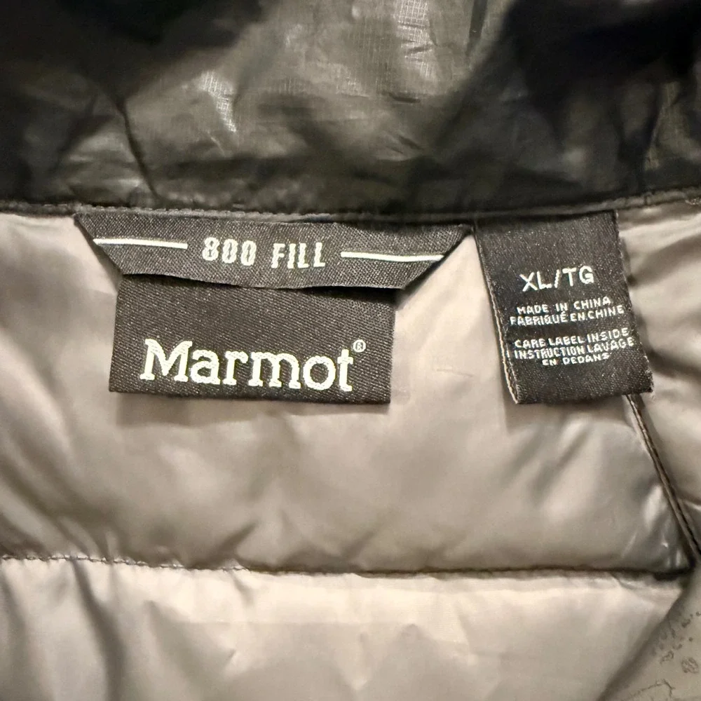 Marmot Mens 800 Fill Down Puffer Vest Black Neon Yellow XL Quilted Full Zip